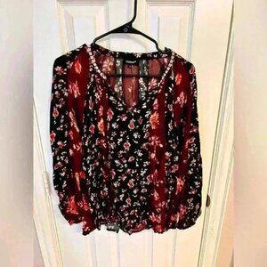 Tolani Long Sleeve Floral Print Tie Front Burgundy Blouse Size S